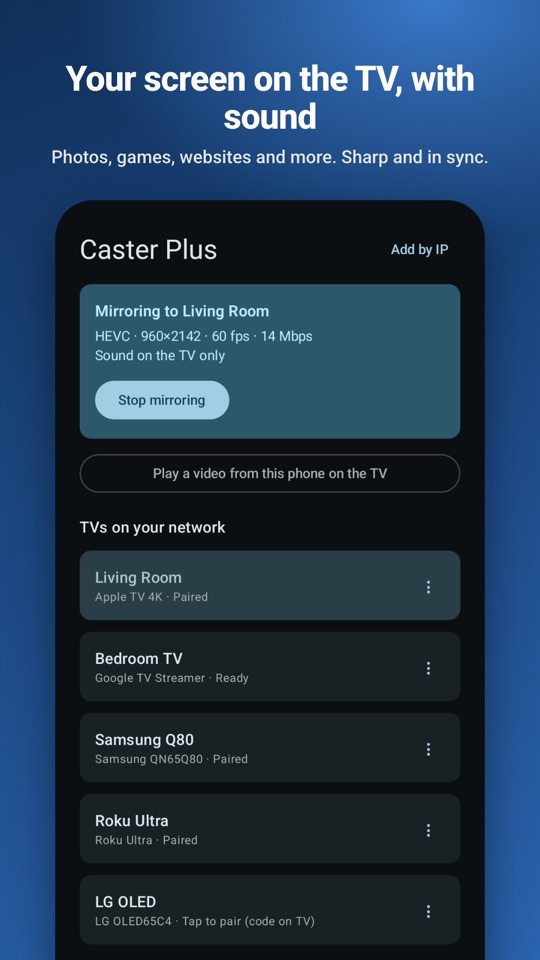 Caster Plus on a phone, mirroring to the Living Room Apple TV in HEVC at 60 frames per second with sound on the TV only, above a list of other TVs on the network.