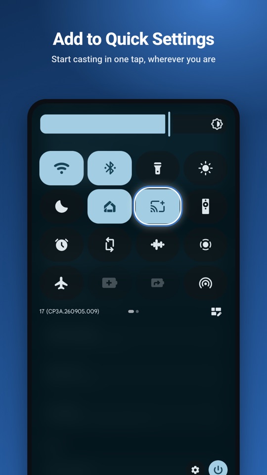 “Add to Quick Settings: start casting in one tap, wherever you are.” The Caster Plus tile in Quick Settings, in place of Android’s Cast tile, switched on.