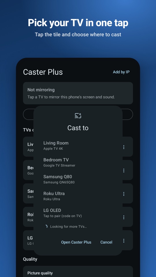“Pick your TV in one tap.” The Cast to picker, opened from the Quick Settings tile, listing nearby TVs.